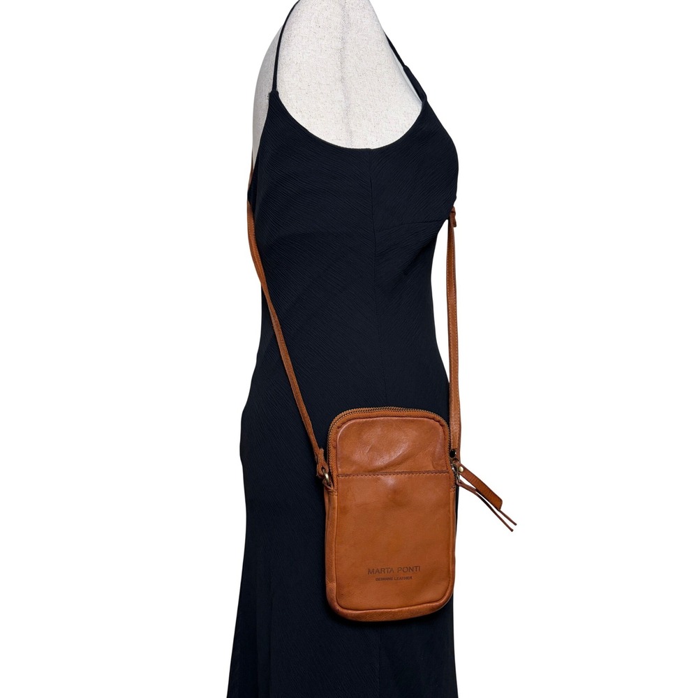 Marta Ponti Tan Leather Crossbody Phone Bag Double Zip Small Messenger Brown